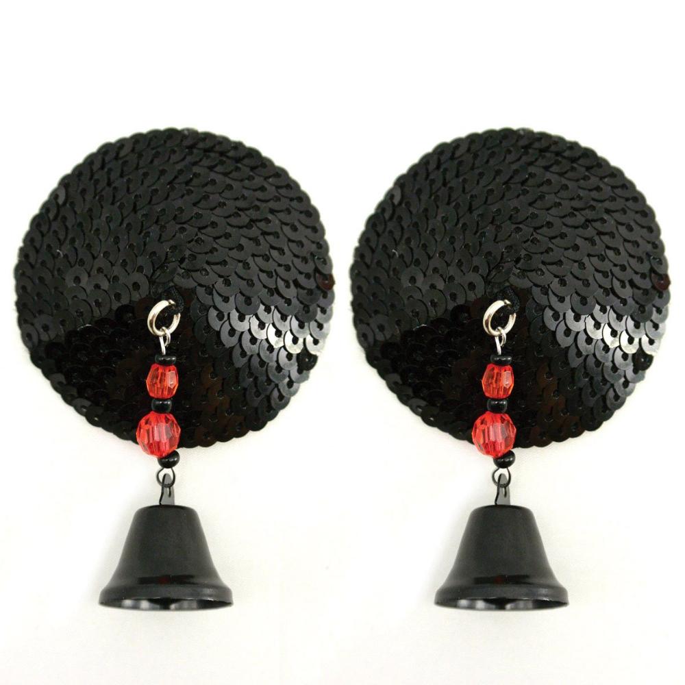 Round Black Sequin Pasties with Bells A00573